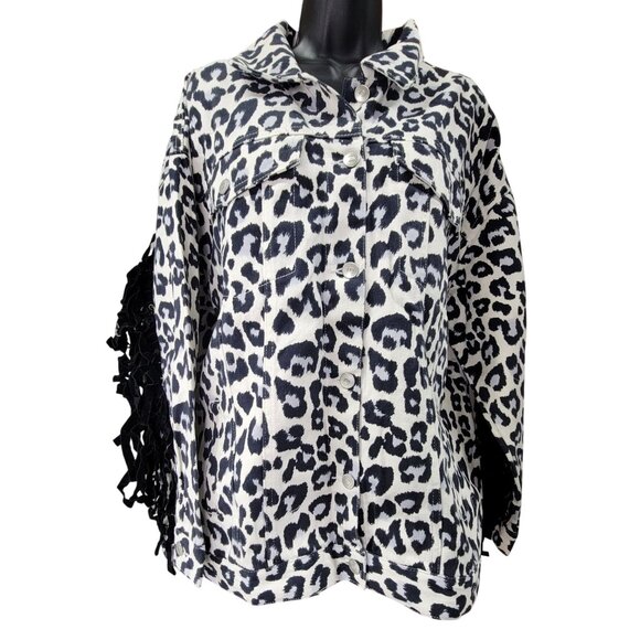 Peach Love Denim Jackey The Lollie White Animal Print Button Fringe Womens Large - Picture 1 of 10